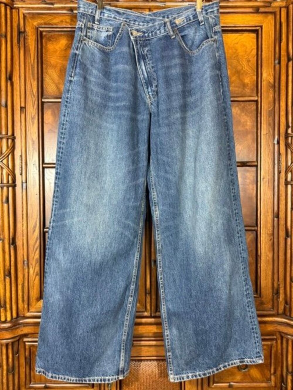 Zara Mid Wash Crossover Waist 100% Cotton Wide Leg Jean